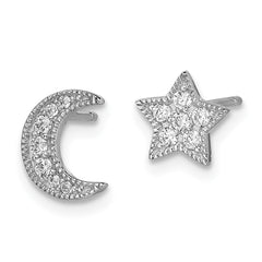Rhodium-plated Sterling Silver CZ Star and Moon Left Right Earrings