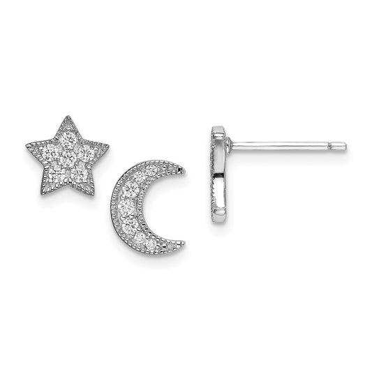 Rhodium-plated Sterling Silver CZ Star and Moon Left Right Earrings