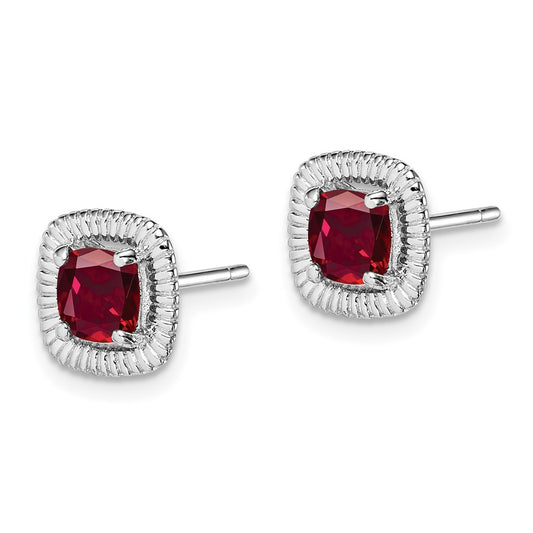 Rhodium-plated Sterling Silver Created Ruby Square Post Earrings