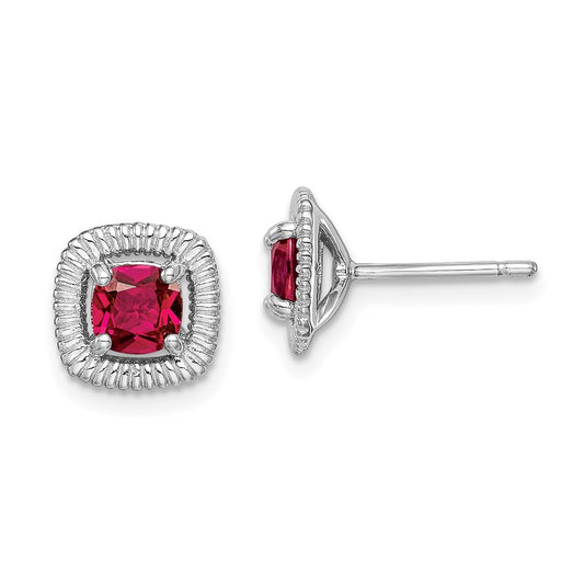 Rhodium-plated Sterling Silver Created Ruby Square Post Earrings