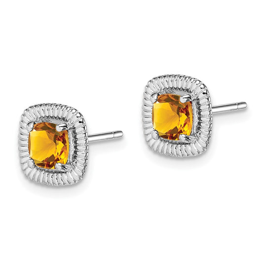 Rhodium-plated Sterling Silver Citrine Square Post Earrings