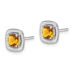 Rhodium-plated Sterling Silver Citrine Square Post Earrings