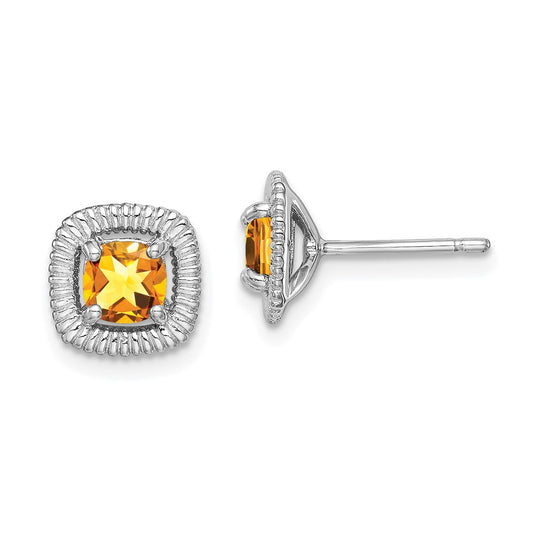 Rhodium-plated Sterling Silver Citrine Square Post Earrings