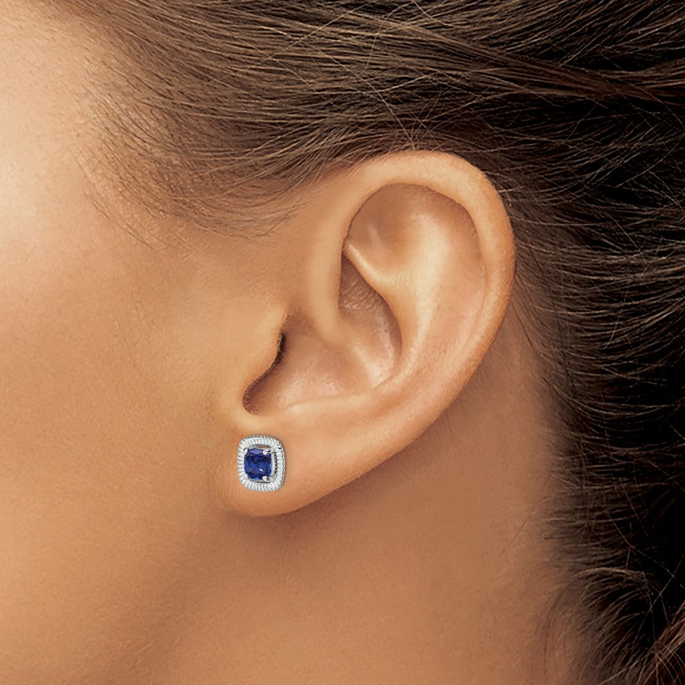 Rhodium-plated Sterling Silver Created Sapphire Square Post Earrings