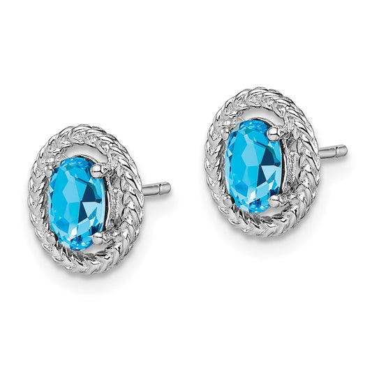 Rhodium-plated Sterling Silver Light Swiss Blue Topaz Oval Post Earrings