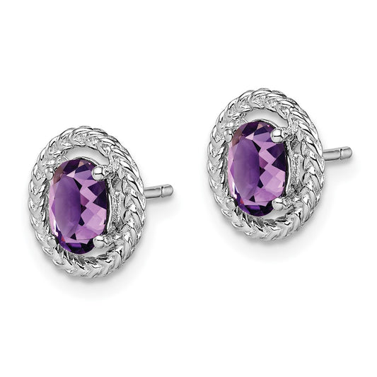 Rhodium-plated Sterling Silver Amethyst Oval Post Earrings
