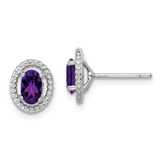 Rhodium-plated Sterling Silver Amethyst Oval Post Earrings
