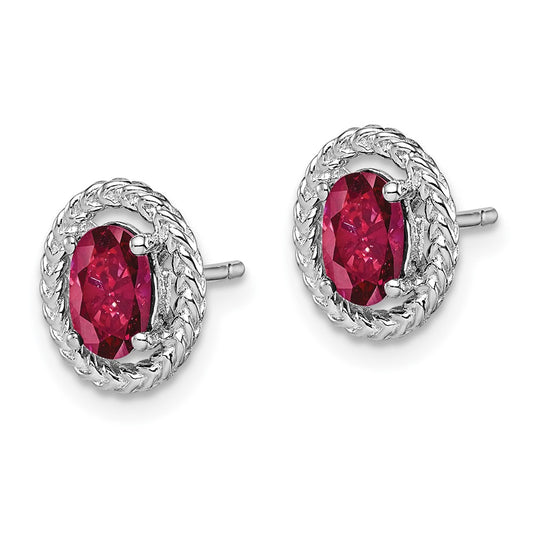 Rhodium-plated Sterling Silver Created Ruby Oval Post Earrings