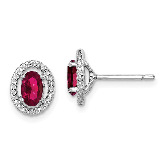 Rhodium-plated Sterling Silver Created Ruby Oval Post Earrings