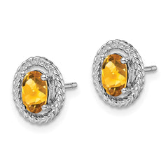 Rhodium-plated Sterling Silver Citrine Oval Post Earrings