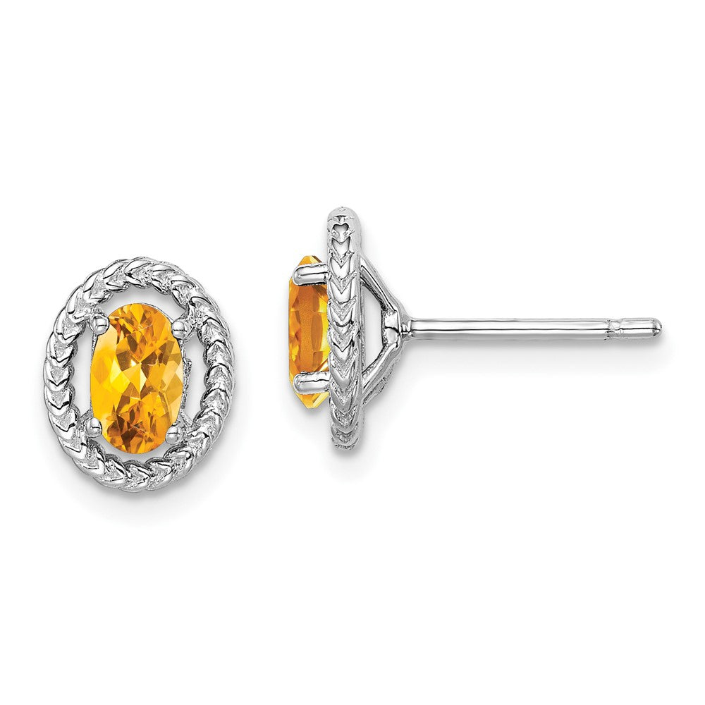 Rhodium-plated Sterling Silver Citrine Oval Post Earrings