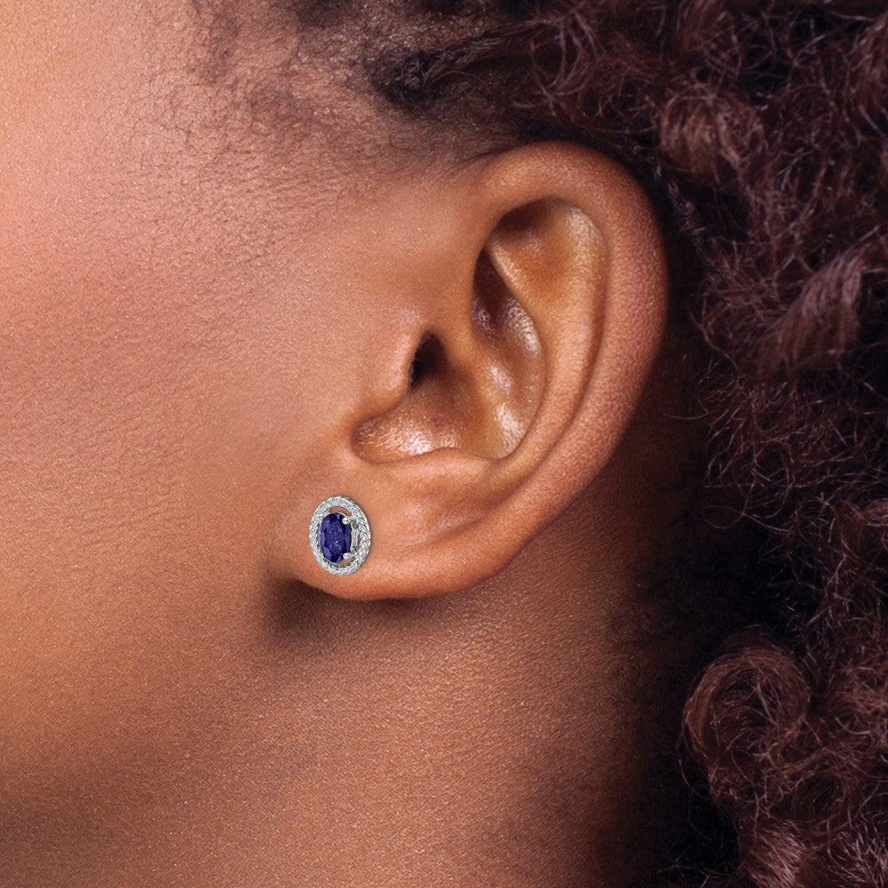 Rhodium-plated Sterling Silver Create Sapphire Oval Post Earrings