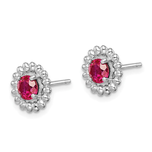 Rhodium-plated Sterling Silver Created Ruby Earrings