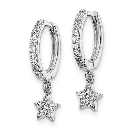Rhodium-plated Sterling Silver CZ Hoops with Star Dangle Earrings