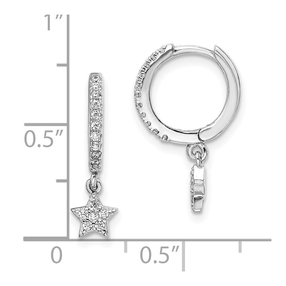 Rhodium-plated Sterling Silver CZ Hoops with Star Dangle Earrings