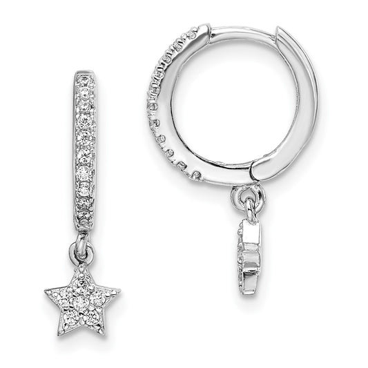 Rhodium-plated Sterling Silver CZ Hoops with Star Dangle Earrings