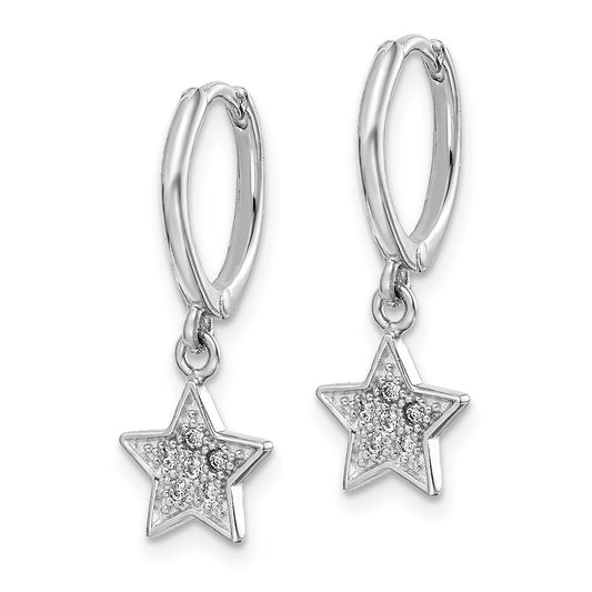 Rhodium-plated Sterling Silver Hoops with CZ Star Dangle Earrings