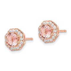 Sterling Silver Post Rose-tone Round Pink Crystal Halo Earrings