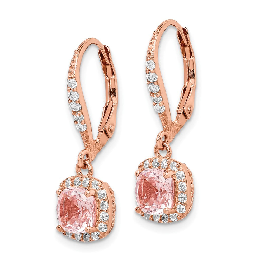 Rose Gold-plated Sterling Silver Pink Crystal and CZ Halo Leverback Earrings