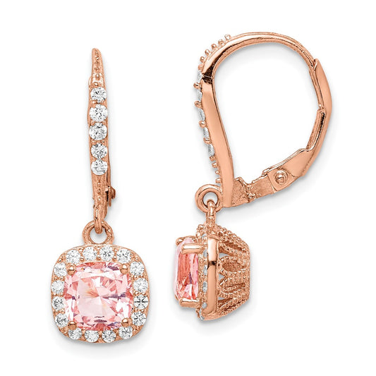 Rose Gold-plated Sterling Silver Pink Crystal and CZ Halo Leverback Earrings