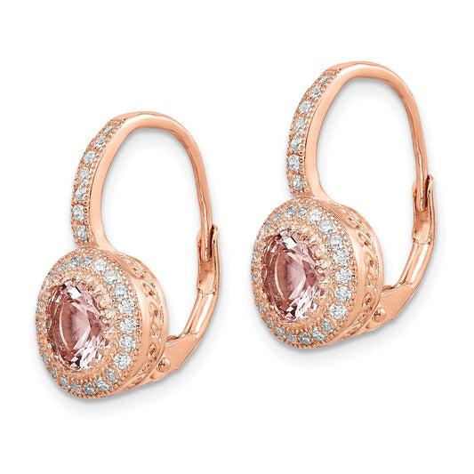 Rose Gold-plated Sterling Silver Pink Crystal and CZ Halo Leverback Earrings