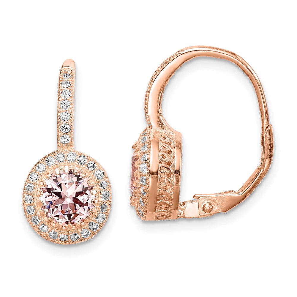 Rose Gold-plated Sterling Silver Pink Crystal and CZ Halo Leverback Earrings