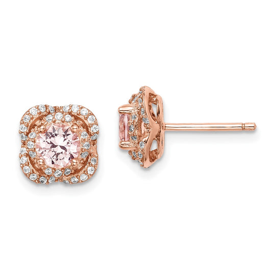 Rose Gold-plated Sterling Silver Pink Crystal Center and CZ Stud Earrings