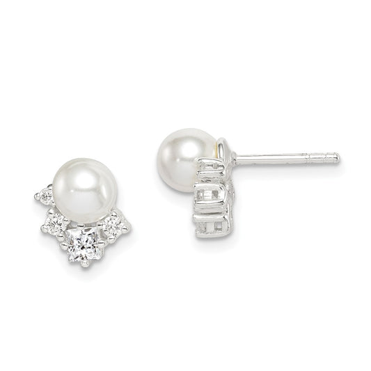 Sterling Silver CZ and Glass Pearl Post Earrings