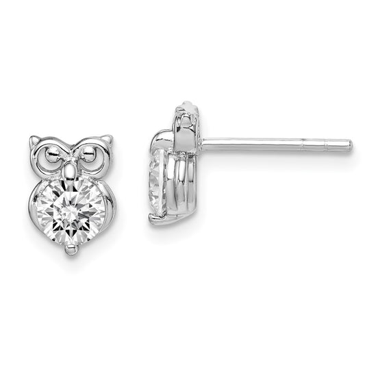 Rhodium-plated Sterling Silver CZ Owl Earrings