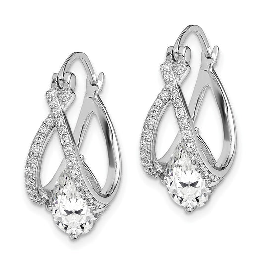 Rhodium-plated Sterling Silver Pear CZ Hoop Earrings