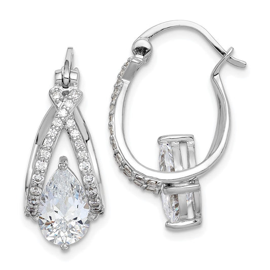 Rhodium-plated Sterling Silver Pear CZ Hoop Earrings