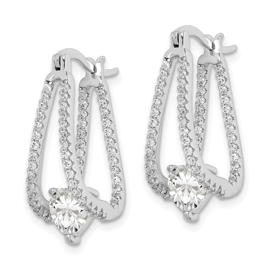 Rhodium-plated Sterling Silver Heart CZ In Out Double Hoop Earrings