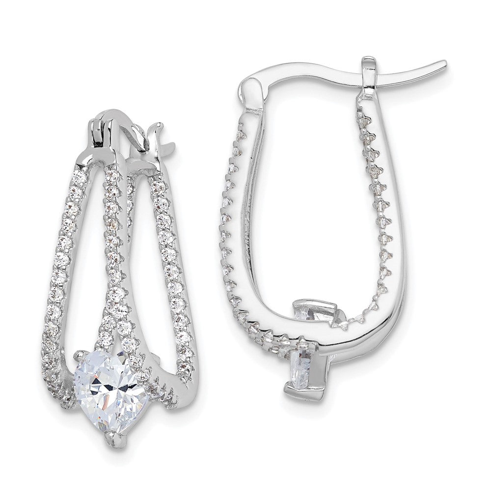 Rhodium-plated Sterling Silver Heart CZ In Out Double Hoop Earrings