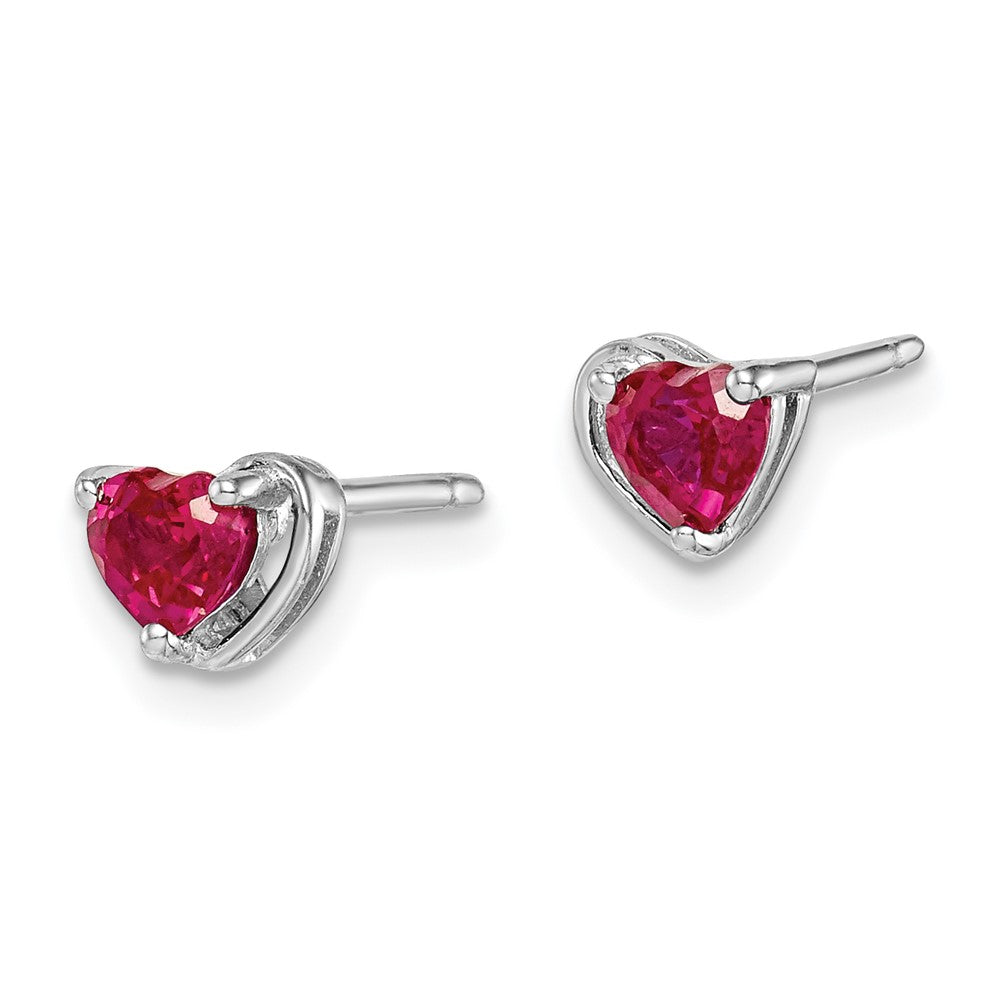 Rhodium-plated Sterling Silver Created Ruby Heart Post Earrings