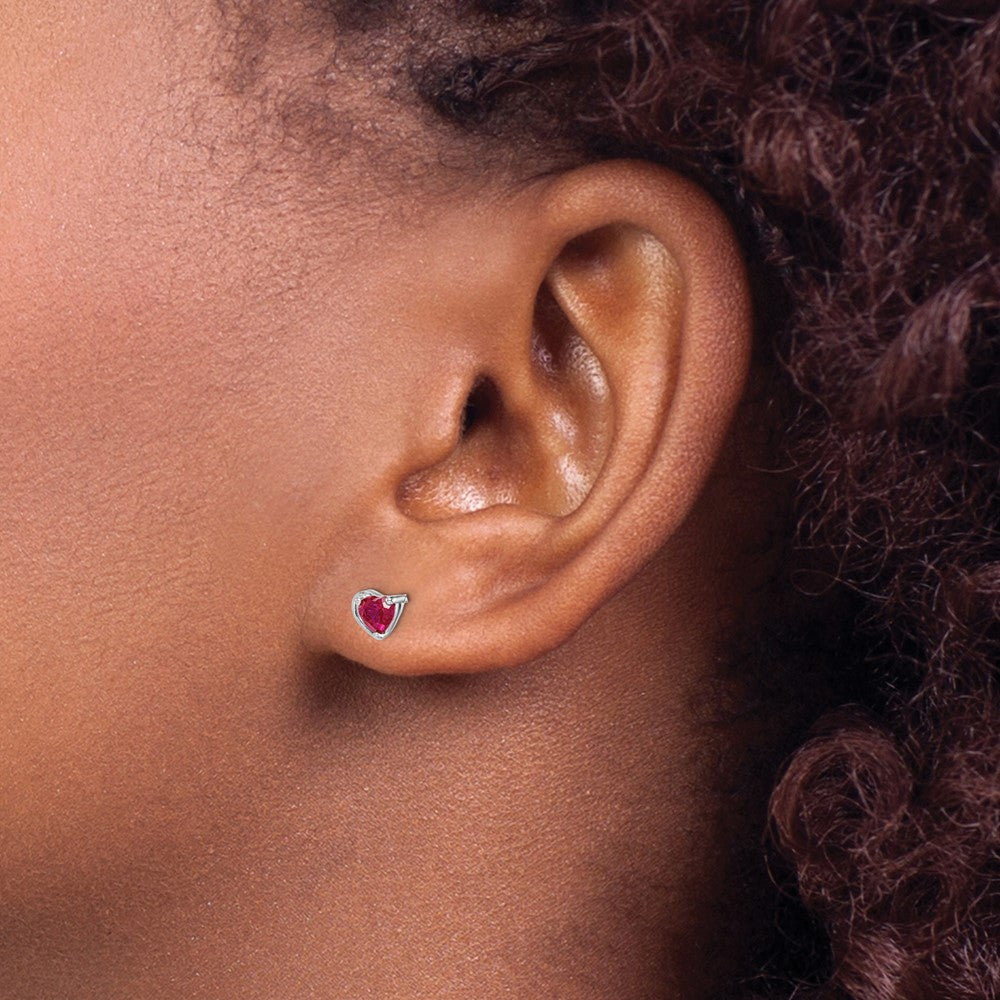 Rhodium-plated Sterling Silver Created Ruby Heart Post Earrings