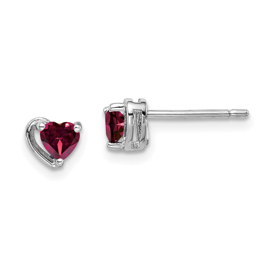 Rhodium-plated Sterling Silver Created Ruby Heart Post Earrings