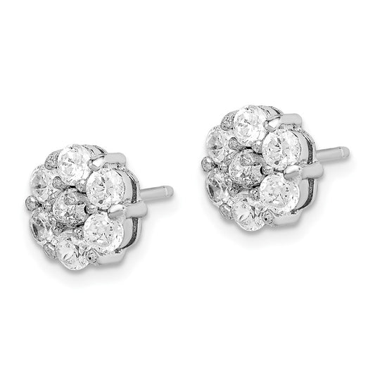 Rhodium-plated Sterling Silver CZ Flower Cluster Post Earrings