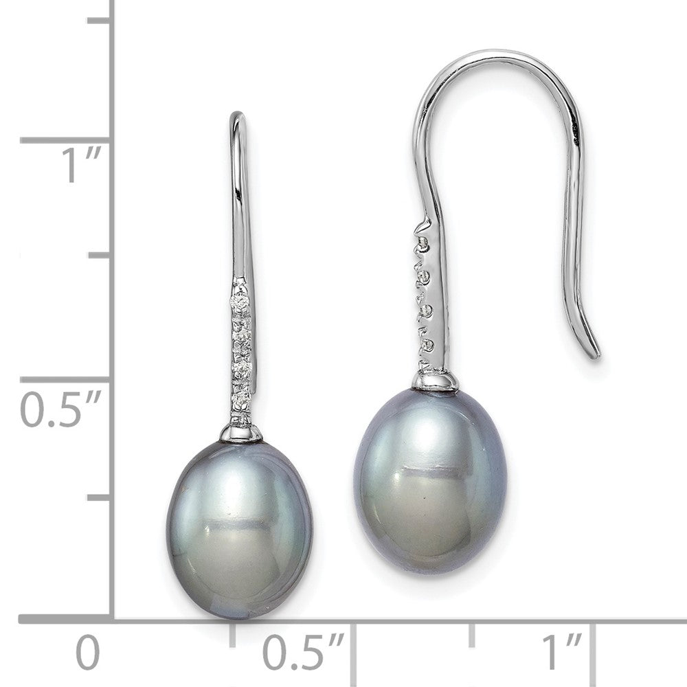 Rhodium-plated Sterling Silver 7-8mm Grey Drop FWC Pearl CZ Dangle Earrings