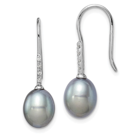 Rhodium-plated Sterling Silver 7-8mm Grey Drop FWC Pearl CZ Dangle Earrings