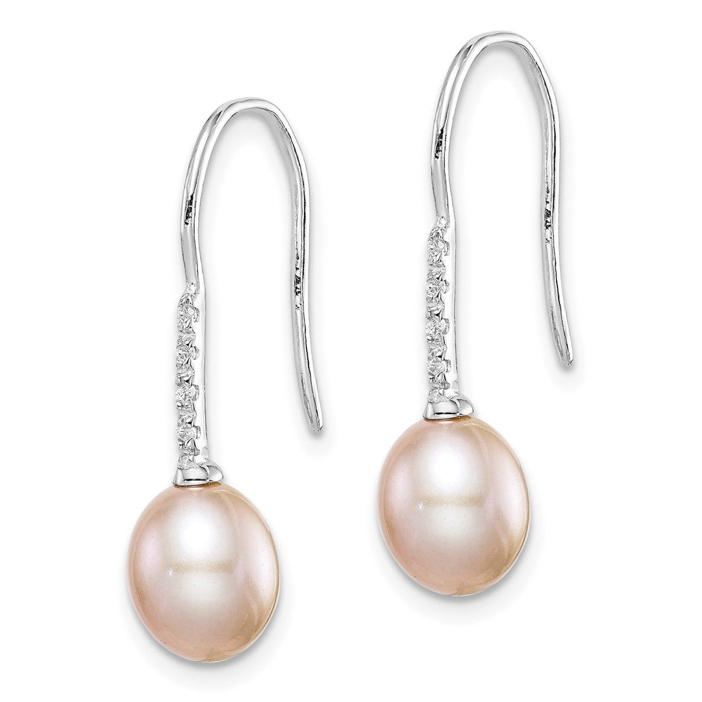 Rhodium-plated Sterling Silver 7-8mm Pink FWC Pearl CZ Dangle Earrings