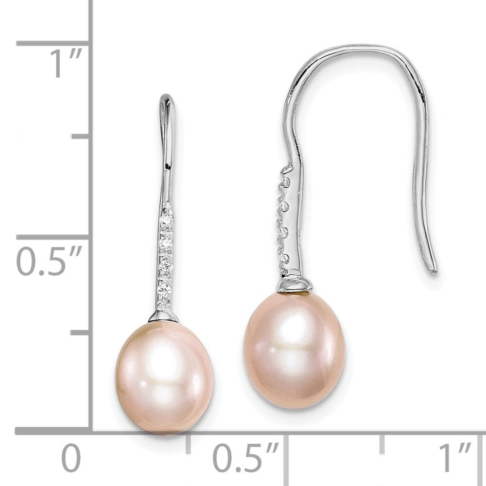 Rhodium-plated Sterling Silver 7-8mm Pink FWC Pearl CZ Dangle Earrings