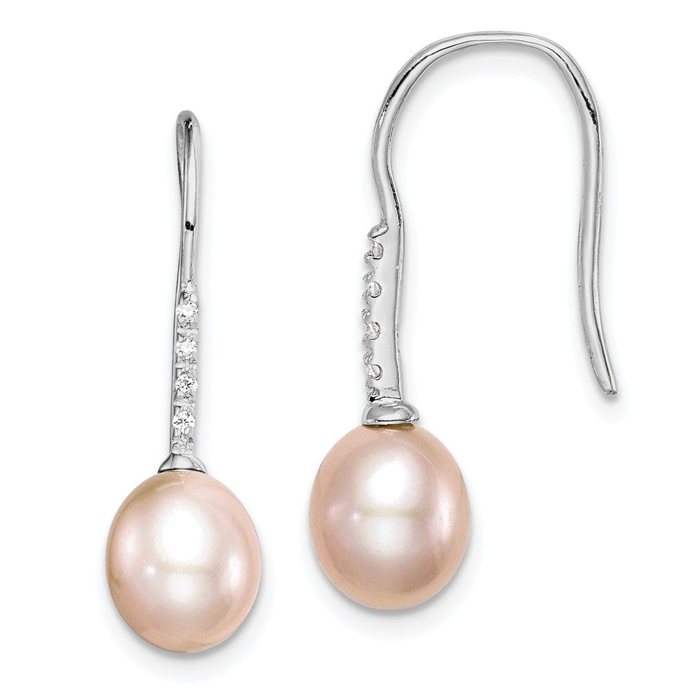 Rhodium-plated Sterling Silver 7-8mm Pink FWC Pearl CZ Dangle Earrings