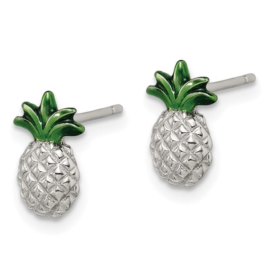 Sterling Silver Pineapple with Green Enamel Post Earrings