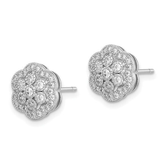 Rhodium-plated Sterling Silver Polished CZ Flower Earrings