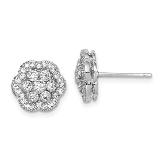 Rhodium-plated Sterling Silver Polished CZ Flower Earrings