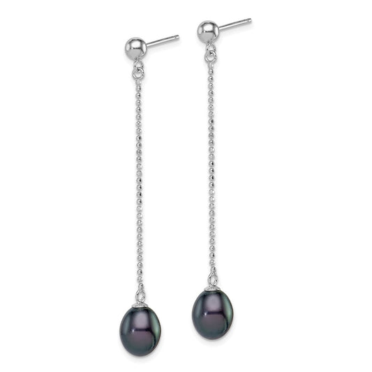 Rhodium-plated Silver 7-8mm Black Drop FWC Pearl Post Dangle Earrings