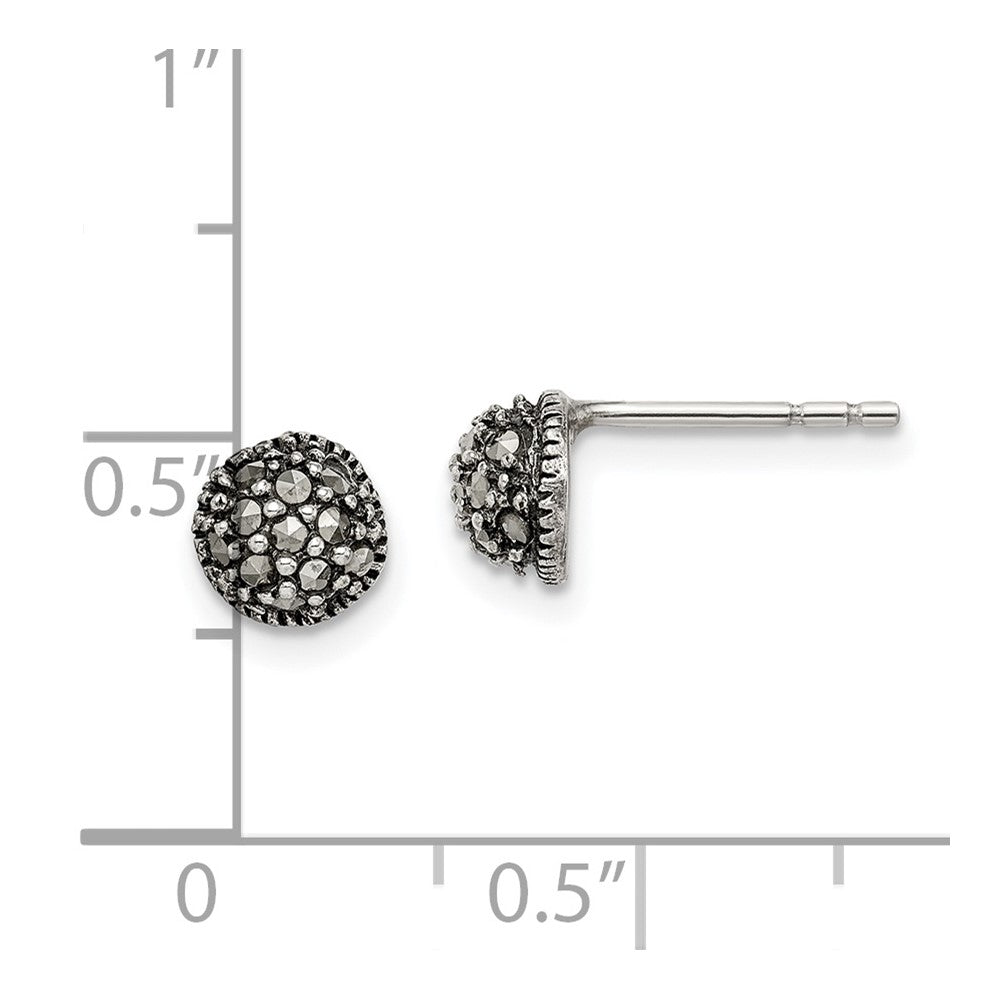 Sterling Silver Antiqued Marcasite 6mm Button Post Earrings