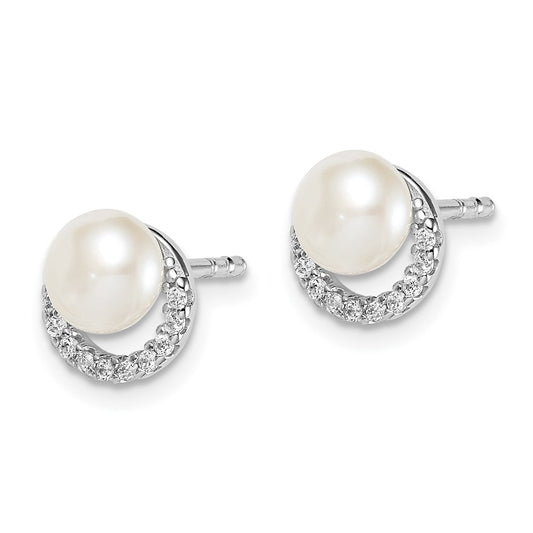 Rhodium-plated Sterling Silver FWC Pearl CZ Post Earrings