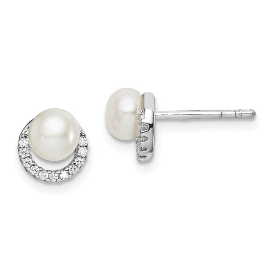 Rhodium-plated Sterling Silver FWC Pearl CZ Post Earrings