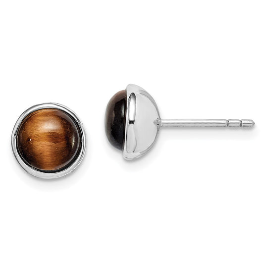 Rhodium-plated Sterling Silver 7mm Tigers Eye Post Earrings